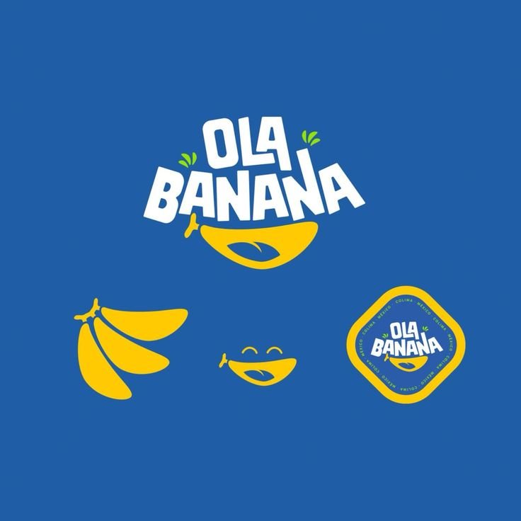 Ola Banana brand identity — logo, banana illustration, character, and badge on a blue background