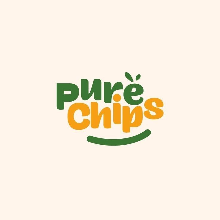 Purē Chips logo — green and orange bubble-style text with a smile swoosh underneath