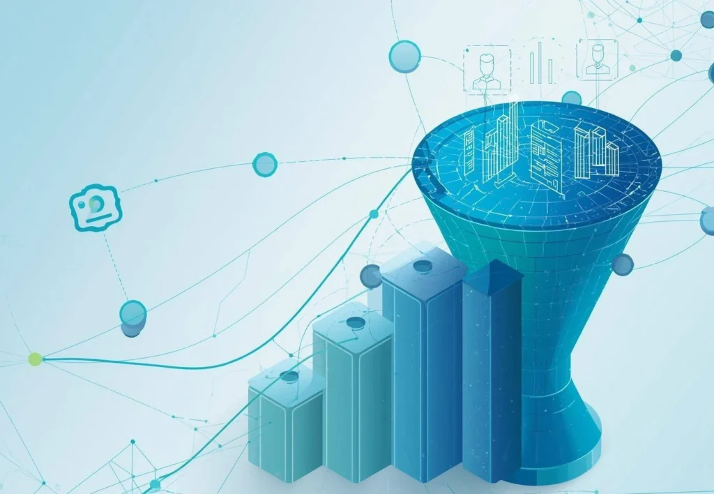 A futuristic digital marketing funnel illustration showing data flowing through interconnected networks into a large funnel, with rising bar charts representing performance, analytics, and customer conversion metrics