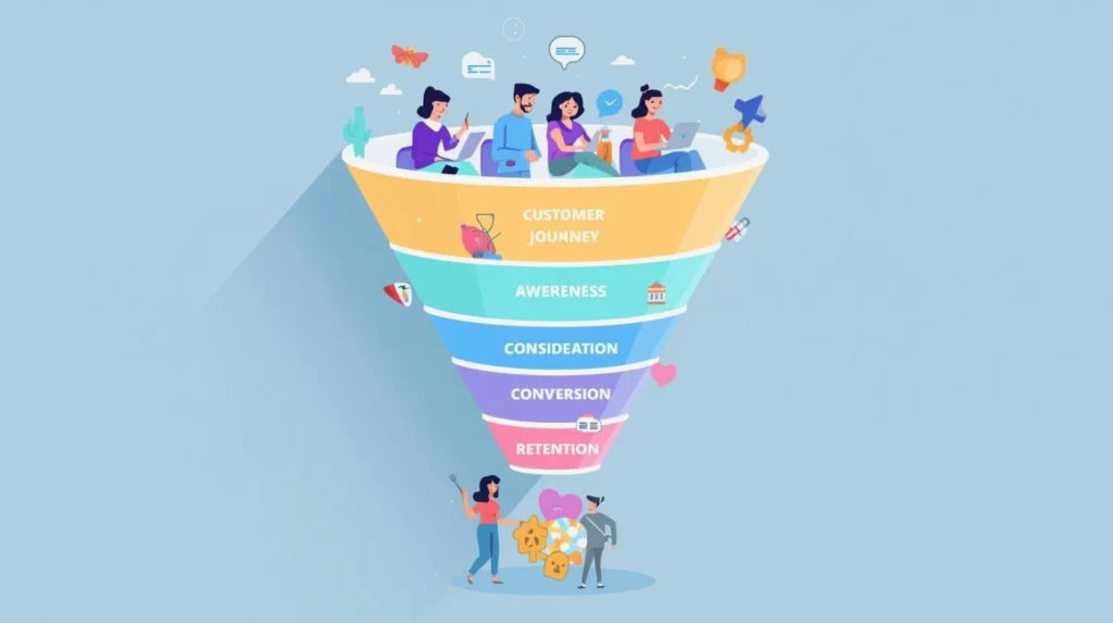 An illustrated digital marketing funnel with cartoon-style characters moving through stages labeled customer journey, awareness, consideration, conversion, and retention, showing how users transition through the digital marketing funnel