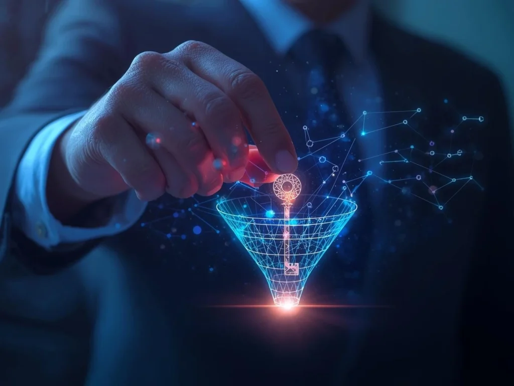 A business professional placing a glowing digital key into a holographic digital marketing funnel, symbolizing unlocking customer insights, conversions, and data-driven marketing strategies.