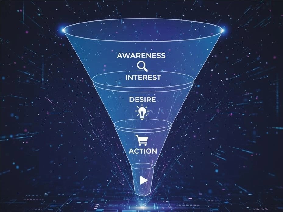 Digital marketing funnel diagram showing the stages: Awareness, Interest, Desire, and Action, illustrating the process of turning strangers into clients.